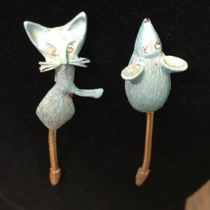 VINTAGE CAT AND MOUSE BROOCH WITH DANGLE TAILS AND RHINSTONE EYES